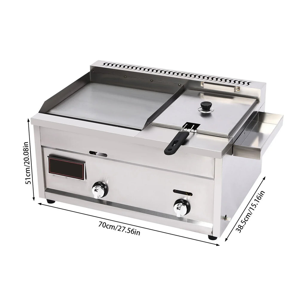 VONZOER Commercial Gas Griddle And Deep Fryer Combo, 2-Burner Stainless Steel, 70x38.5x51cm