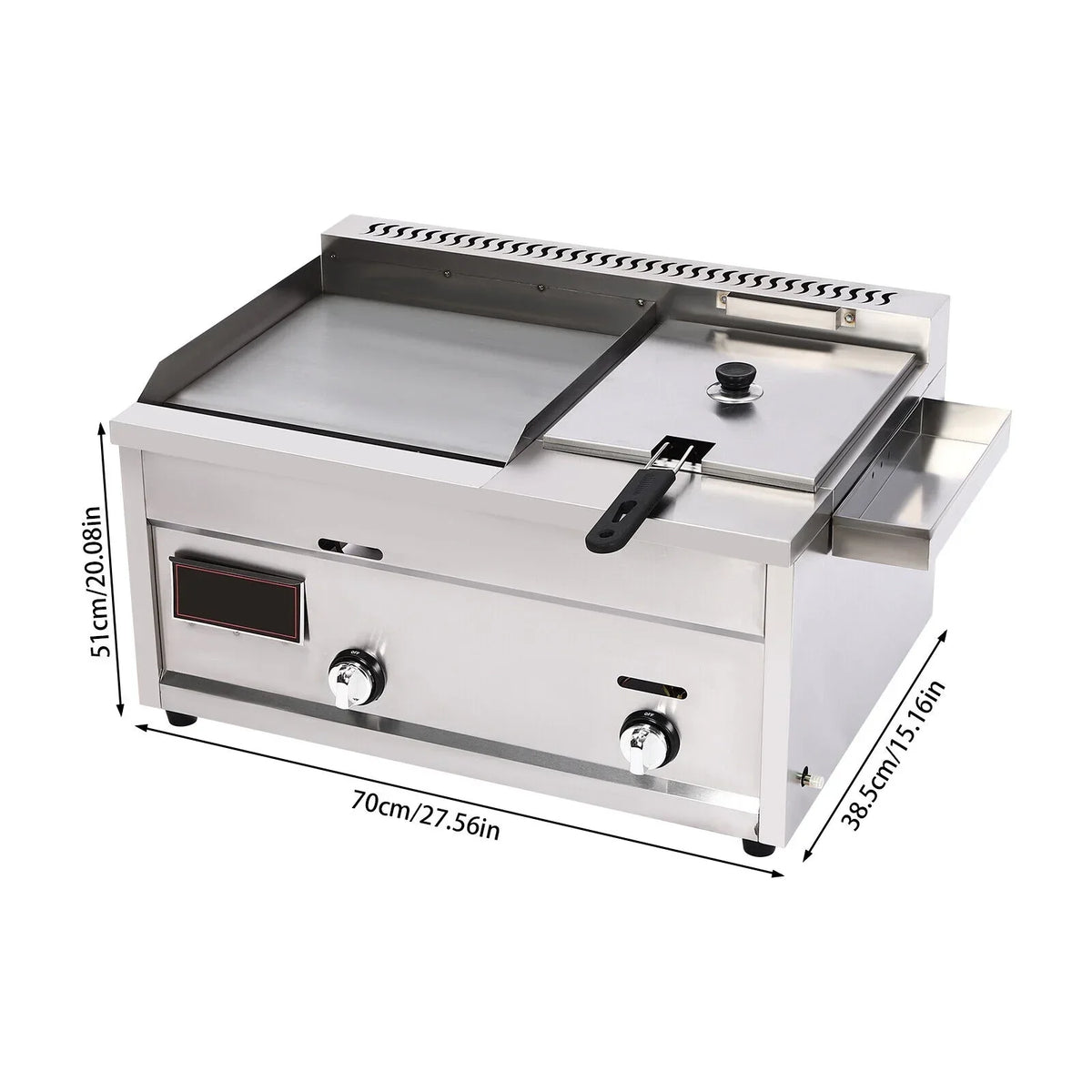 VONZOER Commercial Gas Griddle And Deep Fryer Combo, 2-Burner Stainless Steel, 70x38.5x51cm