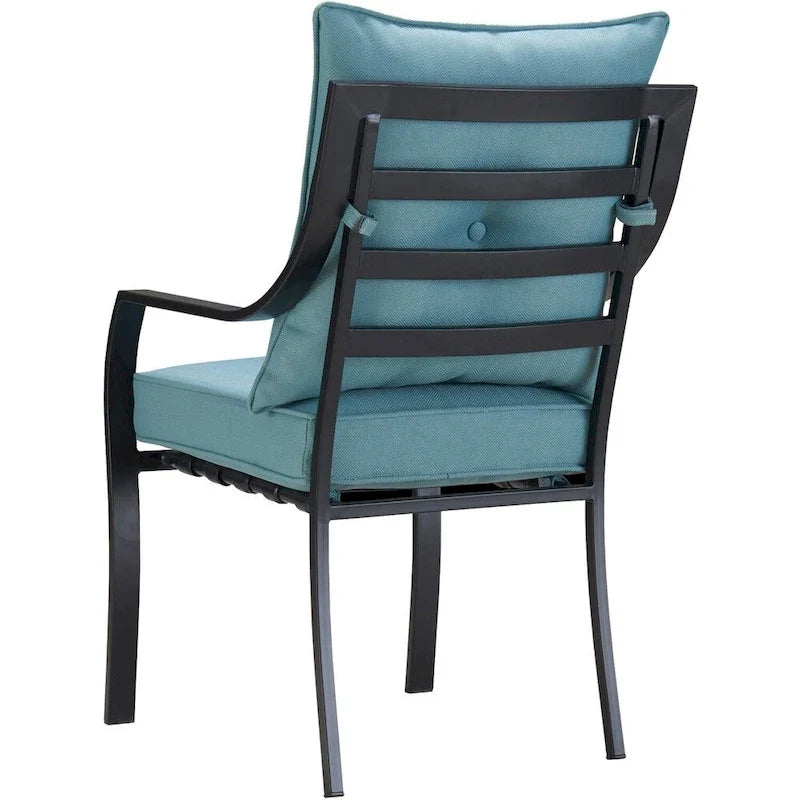 Hanover 5-Piece Outdoor Dining Set, Ocean Blue, 52-in Round Glass-Top Table, 4 Chairs, 9-ft Umbrella and Base - Lavallette