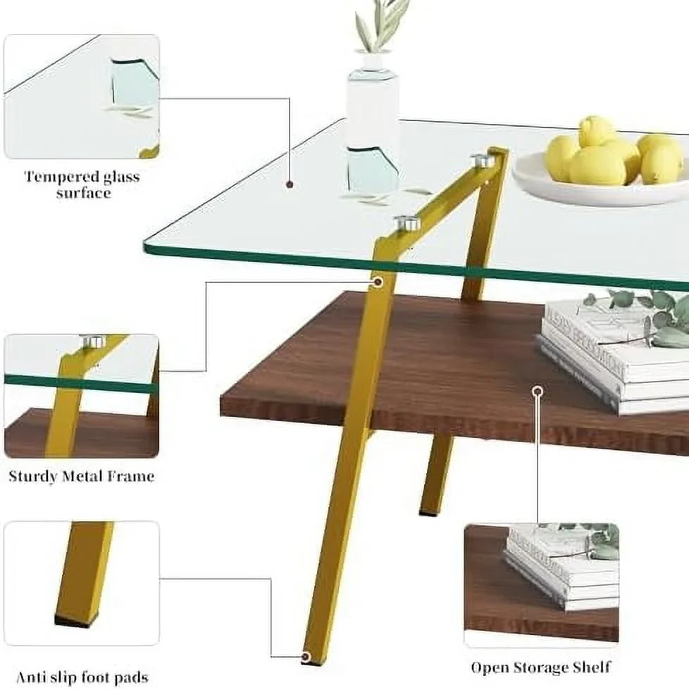 MQLIFEBOOM 2 Tier Rectangle Coffee Table With Tempered Glass Top And Wood Center Table