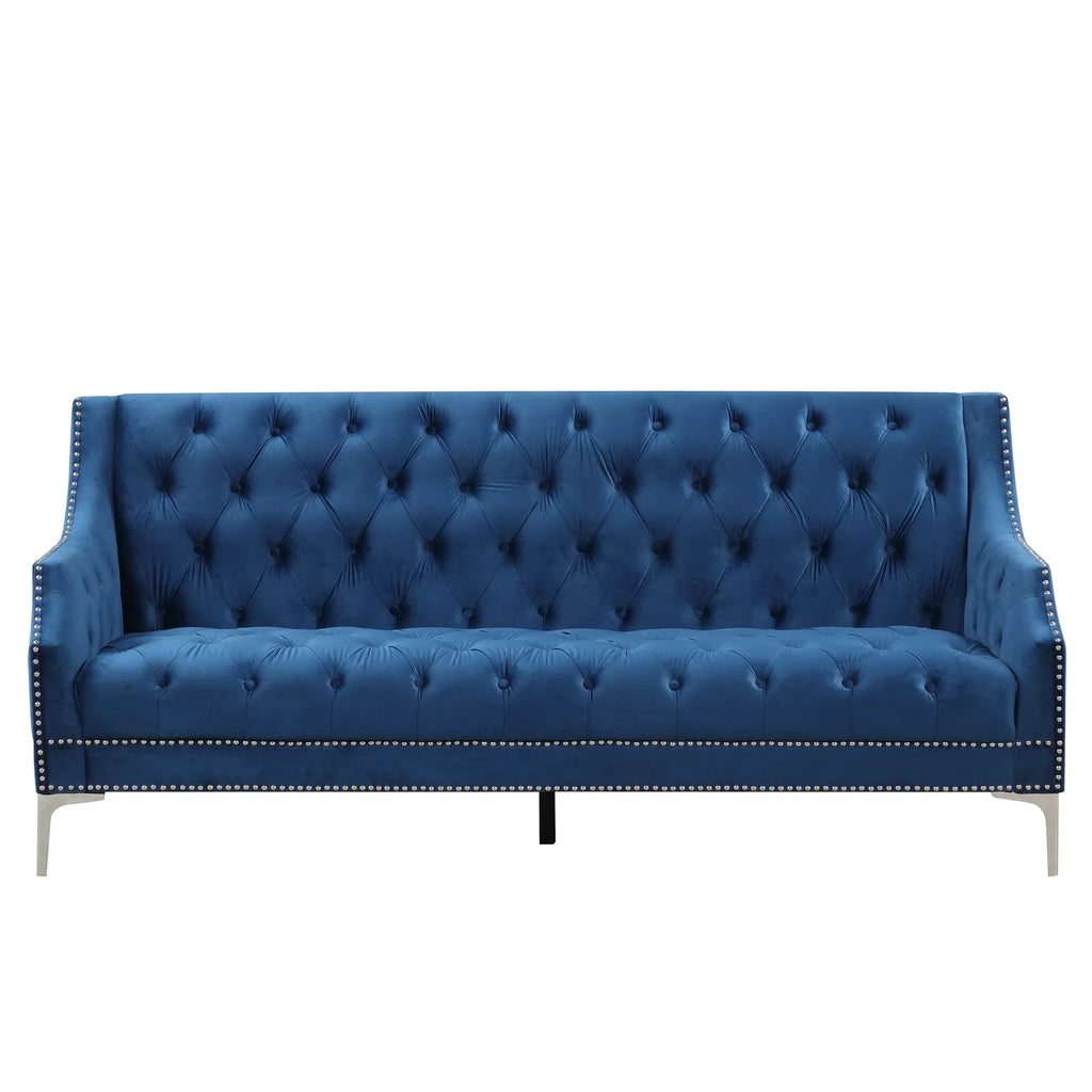 78 inch Dutch Plush Upholstered Chesterfield Sofa With Metal Legs, Button Tufted Back, Blue