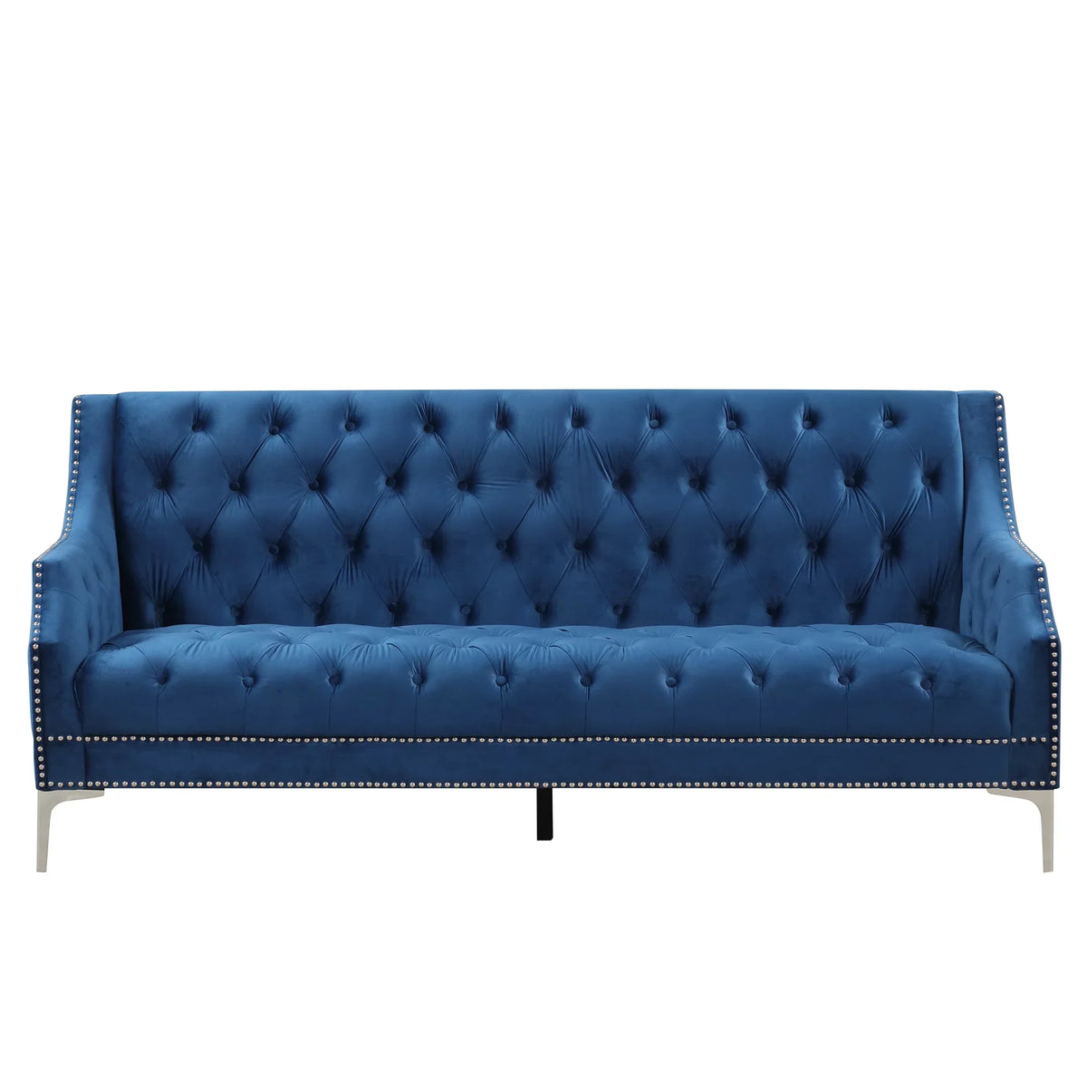 78 inch Dutch Plush Upholstered Chesterfield Sofa With Metal Legs, Button Tufted Back, Blue