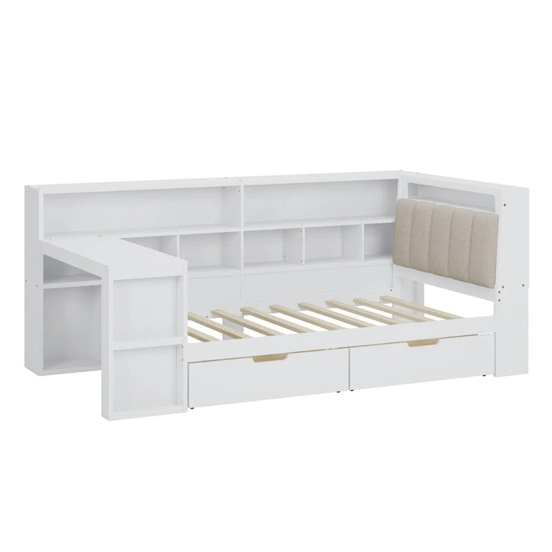 Ivery Furniture L-Shaped Wooden Twin/Full Daybed With Desk, Bookcase, Drawers And RGB Light - Natural/White
