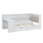 Ivery Furniture L-Shaped Wooden Twin/Full Daybed With Desk, Bookcase, Drawers And RGB Light - Natural/White