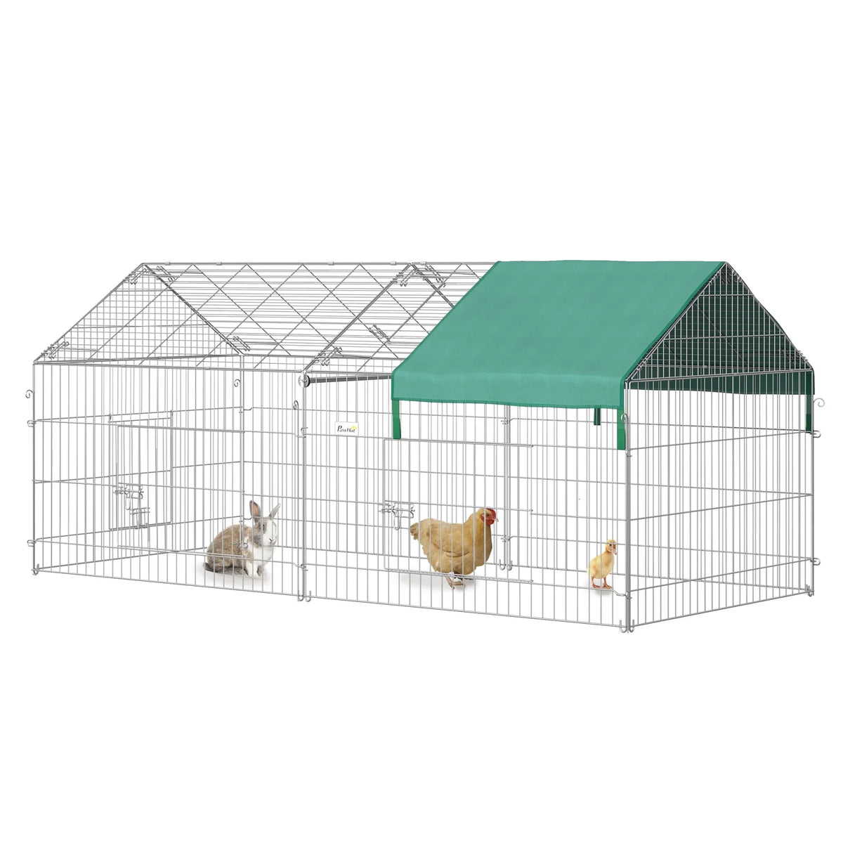 PawHut Small Animal Playpen Yard Fence With Roof, Green - 87in