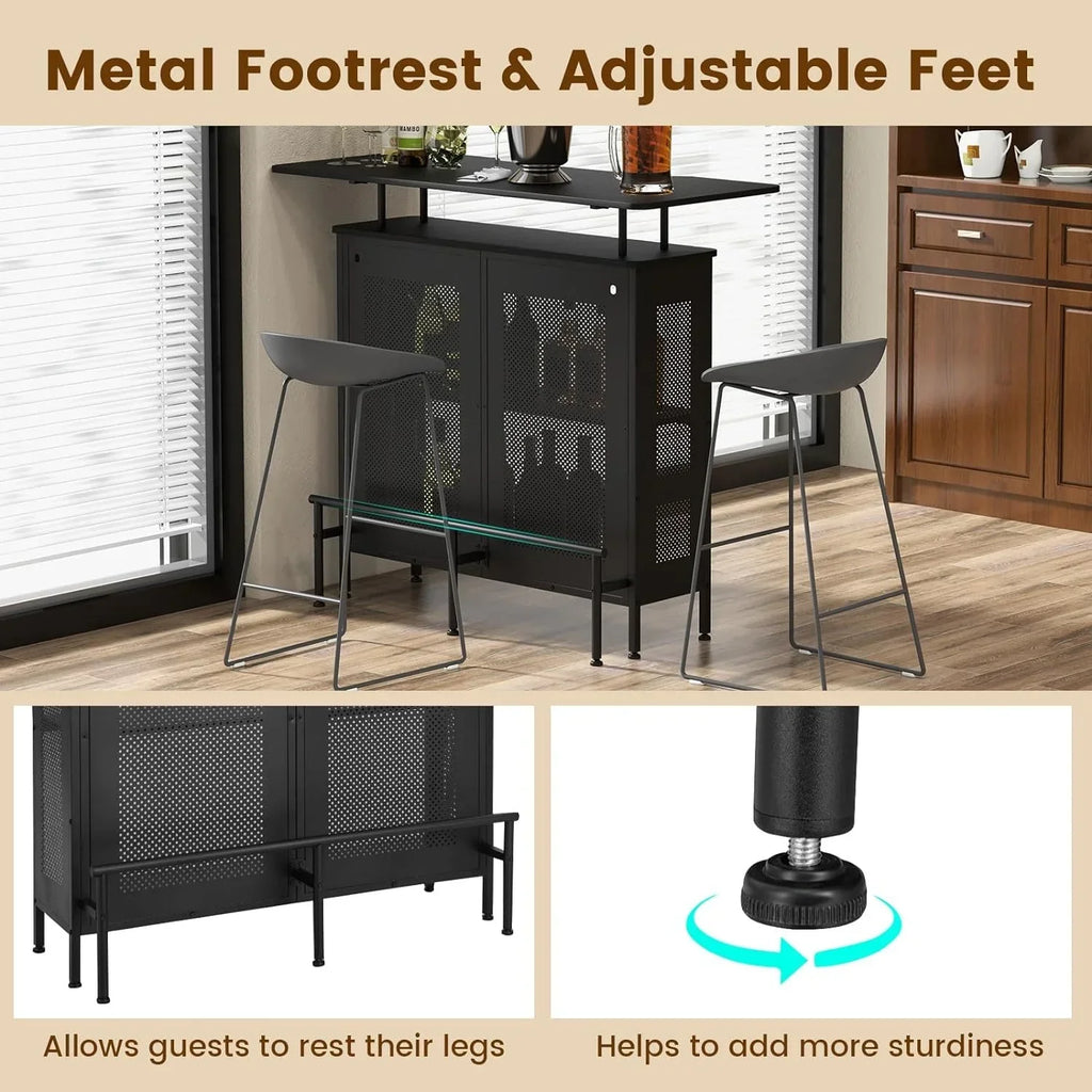 FJU 4-Tier Home Bar Cabinet With 2 Wine Storage Shelves, 6 Stemware Holders, Metal Front And Footrest, Black - 48 x 20 x 42 in