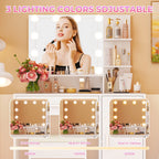 Ktaxon Vanity Makeup Table With Stool, 3-Color Lighted Mirror, 3 Shelves, Drawers, White - 35.43 x 15.55 x 29.53-53.27 in