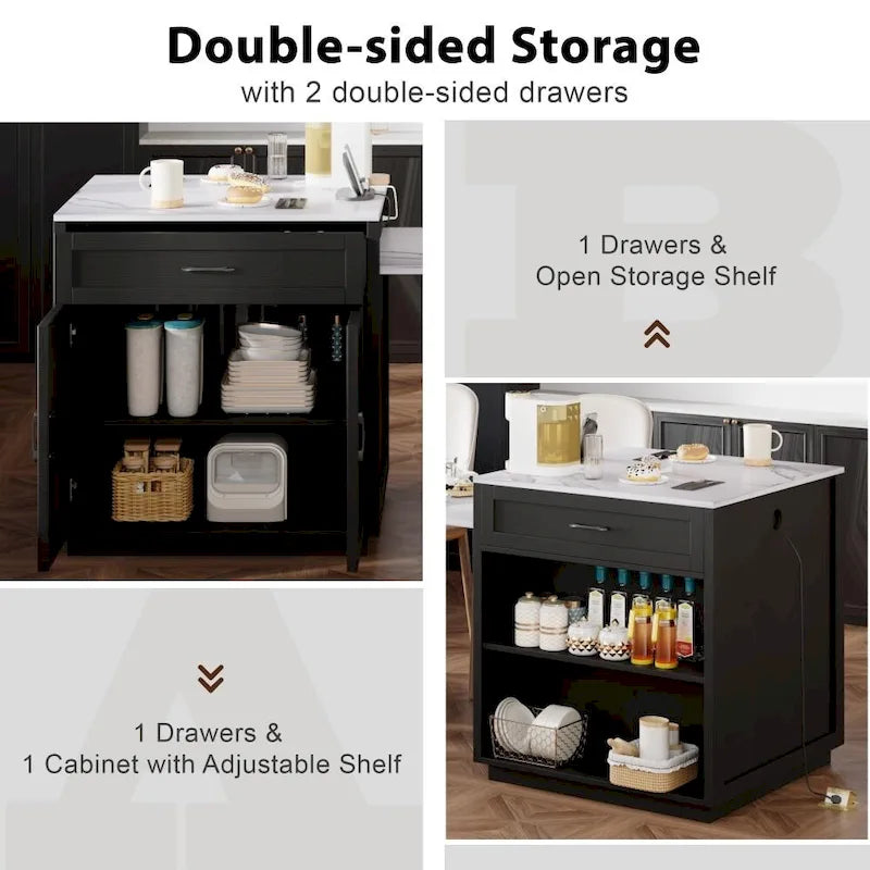 82.7 Wooden Kitchen Island With Extendable Dining Table And Double-Sized Storage