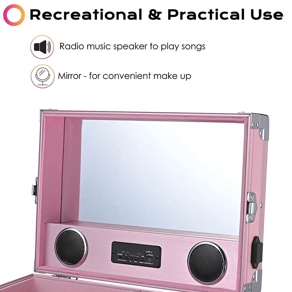 BYOOTIQUE Mobile Nail Station Rolling Makeup Train Case With Mirror, 4 Drawers - Pink