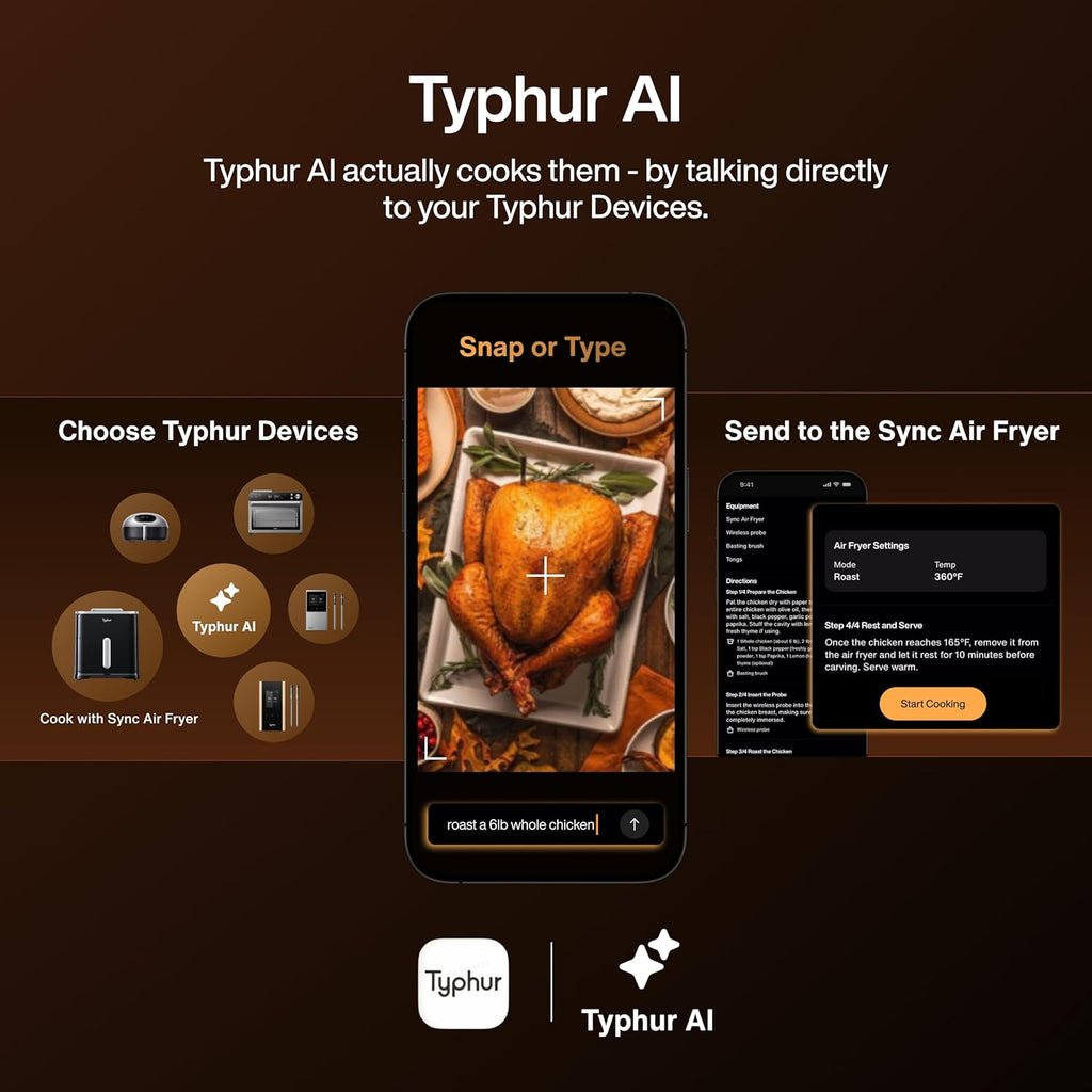 Typhur Sync AI Smart Air Fryer, 8QT Ceramic, Wireless Meat Thermometer, 450F, 120V