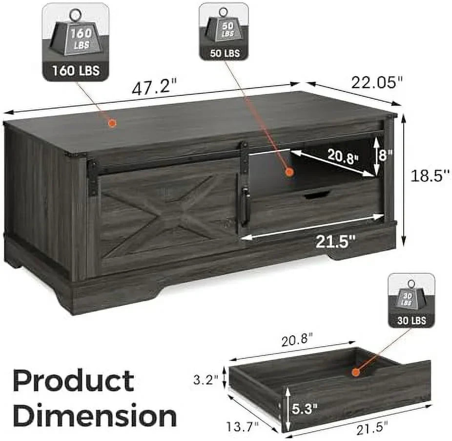 AYFDEGT Farmhouse Coffee Table 48 x 22 inch With Sliding Barn Door And Open Shelves