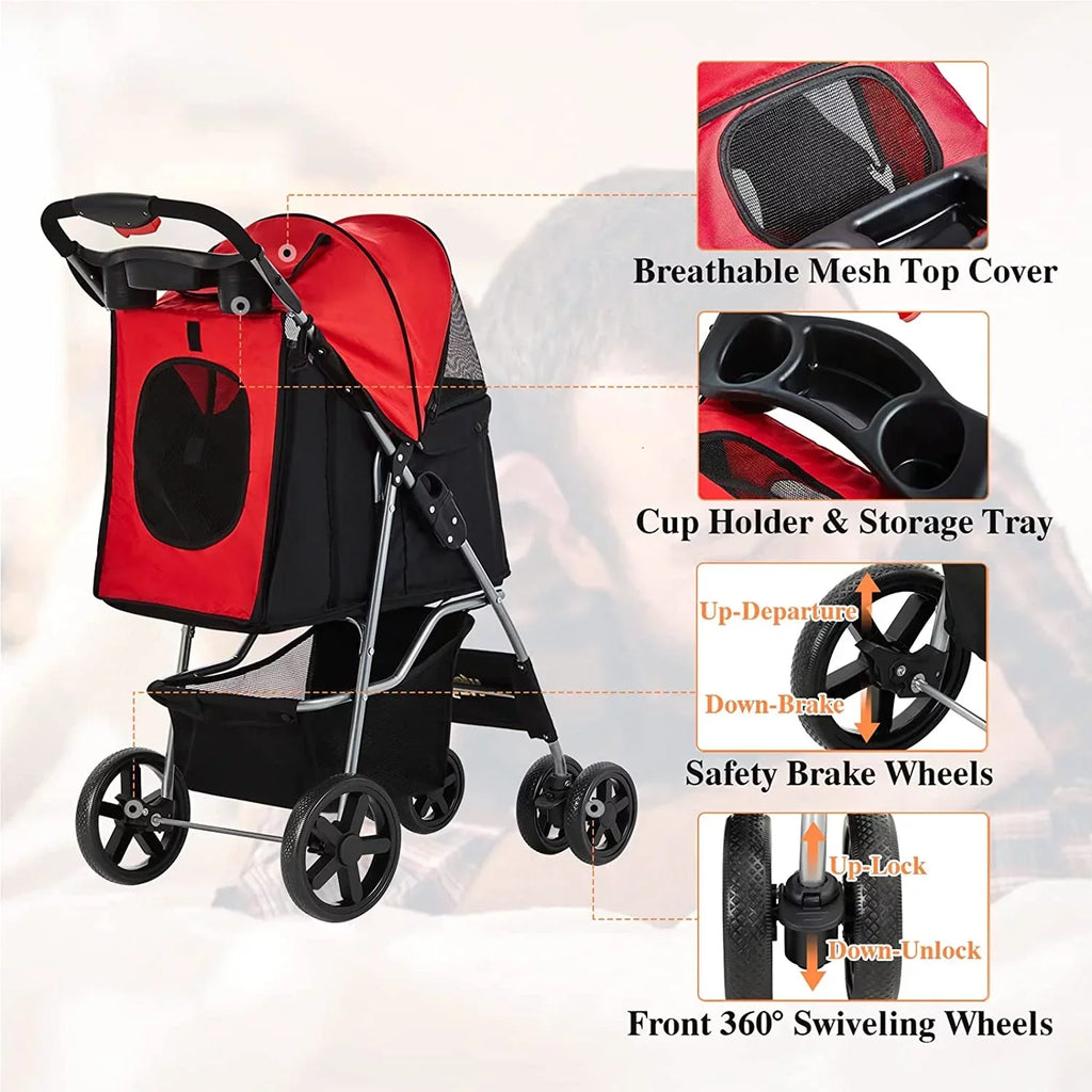 Afuhokles Pet Stroller For Small And Medium Dogs And Cats, 4 Wheels, 35lbs - Folding Storage Basket