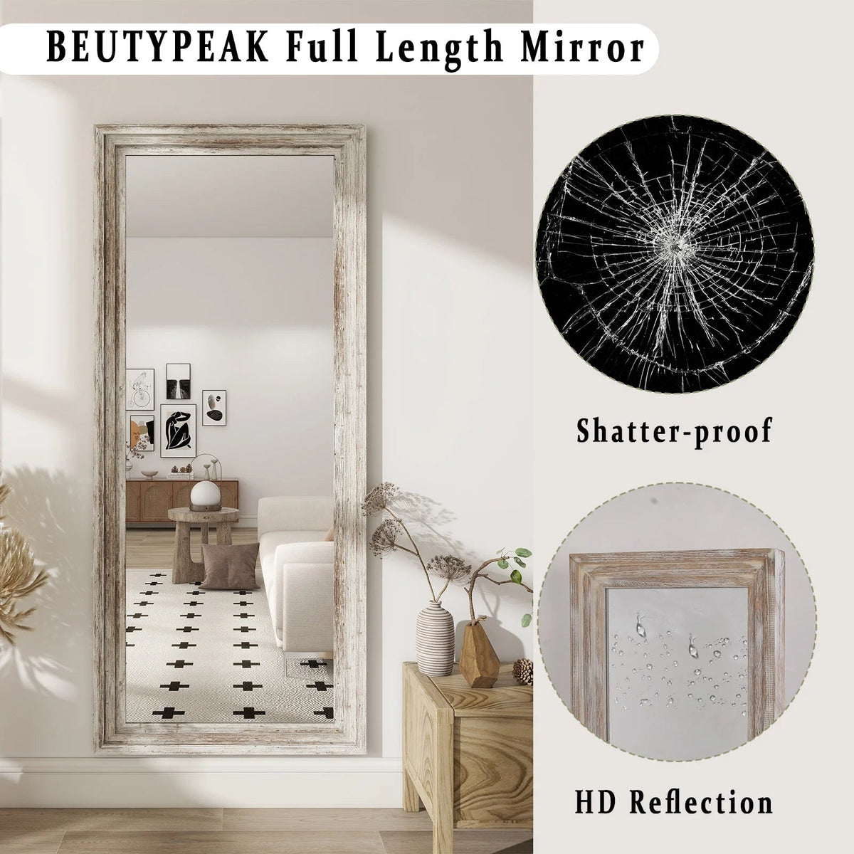 BEAUTYPEAK Full Length Floor Mirror With Stand, 64 x 21 in, Retro White