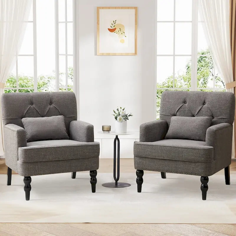 Set Of 2 Upholstered Button-Tufted Accent Chairs With Lumbar Pillows - 30 x 29 x 35 inches