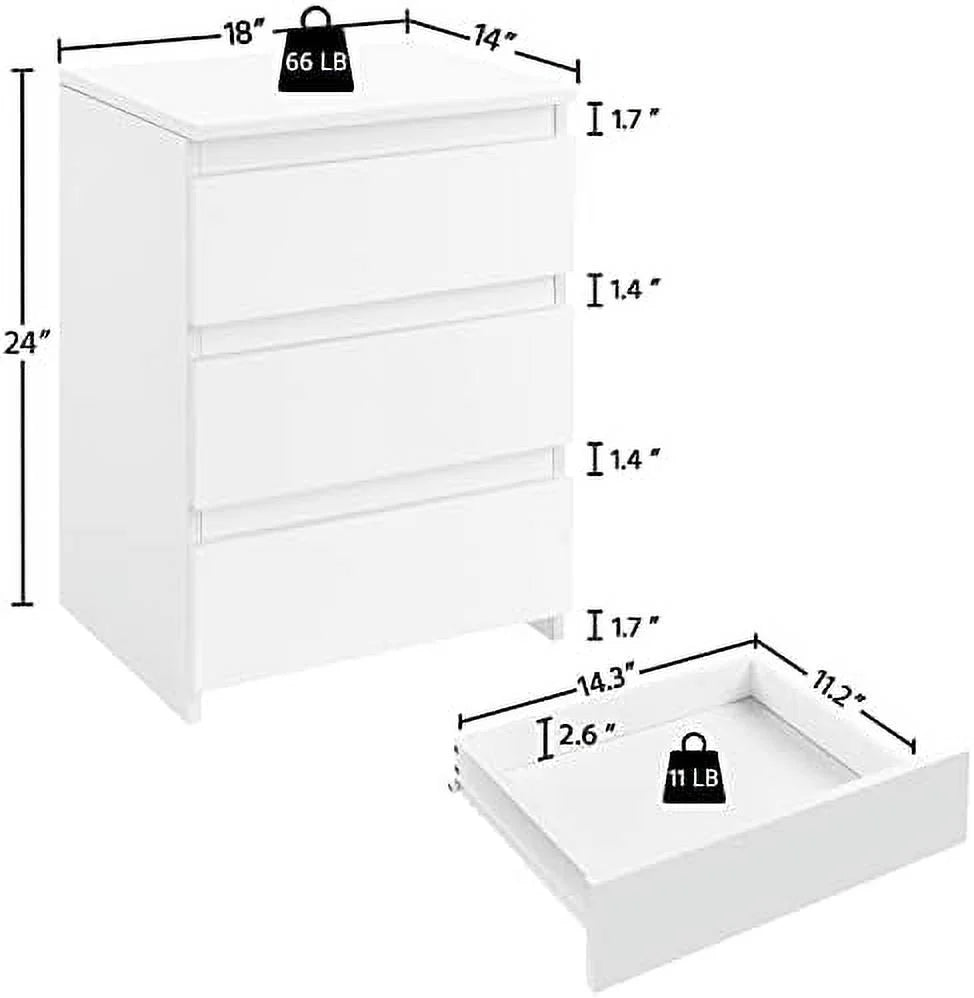AYFDEGT 2PCS 3-Drawer White Bedside Tables - 18in L x 14in W