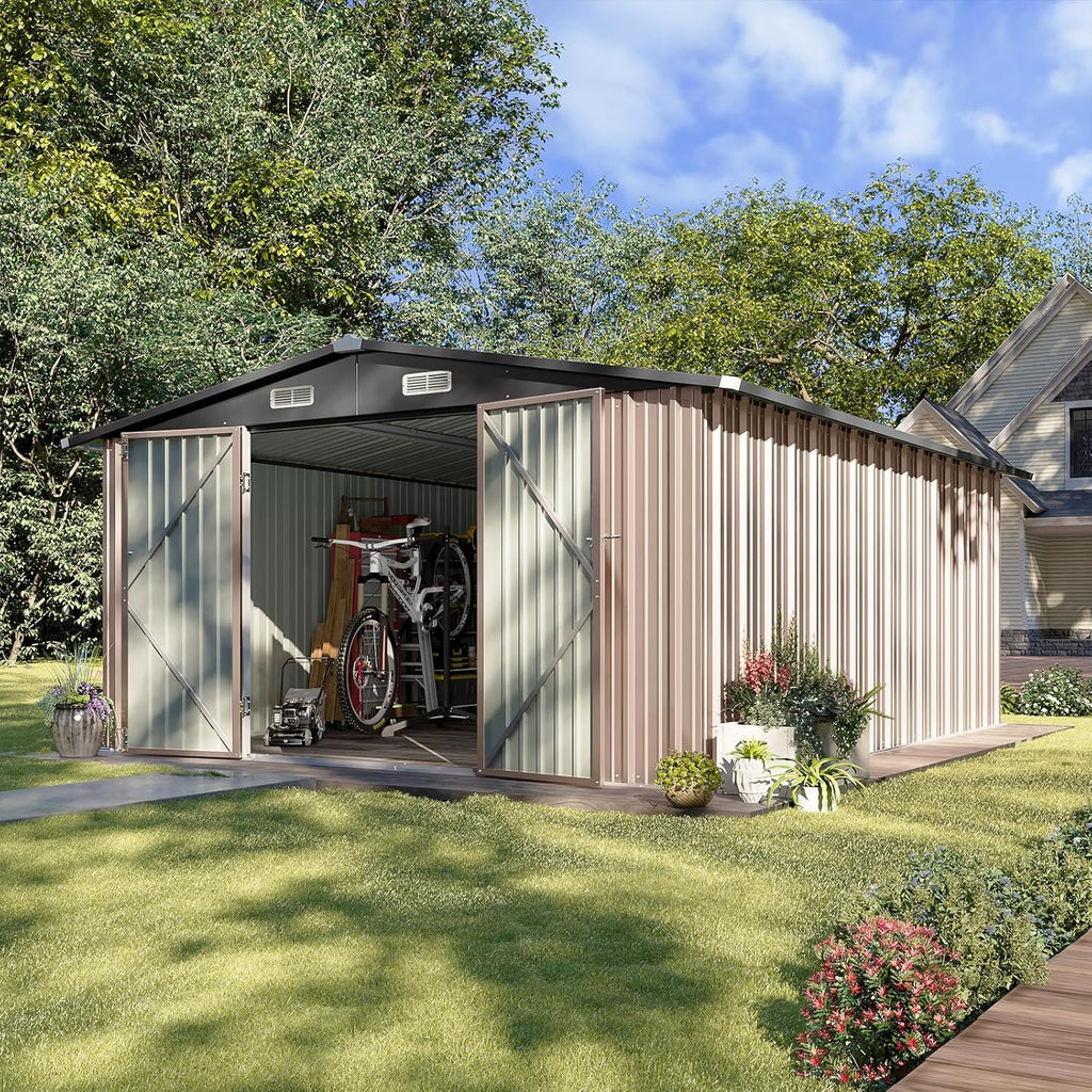 Aoxun Outdoor Storage Shed 10 x 12FT Brown - Double Hinged Door