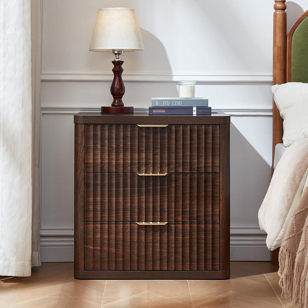 LEYAOYAO Fluted Farmhouse Nightstand Set Of 2, Walnut, 23 inch Wide, 3 Drawers With Charging Station