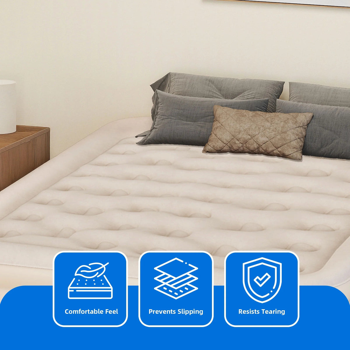 Dextrus Inflatable Queen Air Mattress With Built-In Pump, Steel Frame, Velvet Surface, Khaki