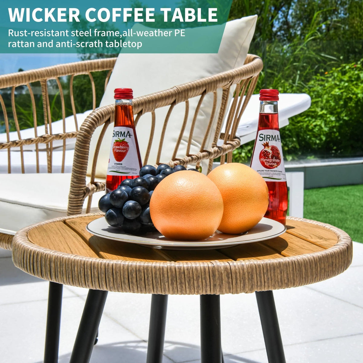 DEXTRUS 3-Piece Outdoor Patio Wicker Bistro Set With Soft Cushions