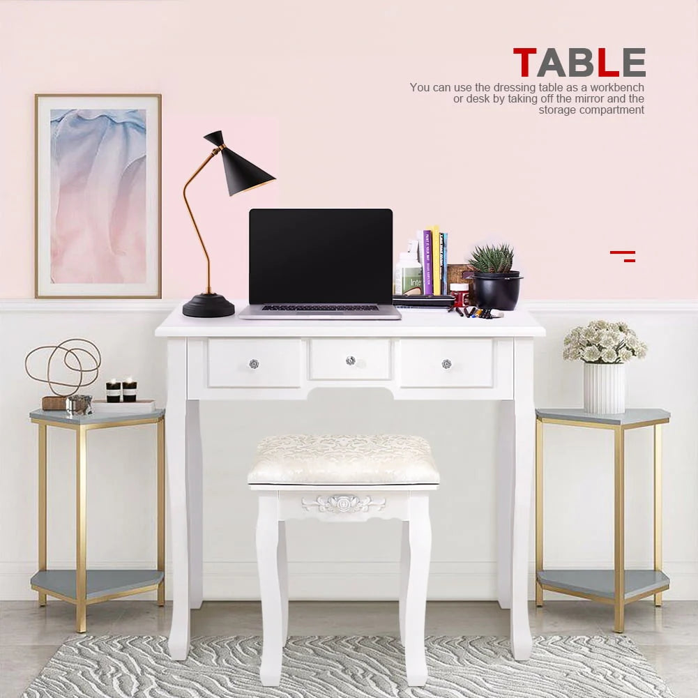 Ktaxon Vanity Table Set With 10 LED Lights, 5 Drawers, Cushioned Stool, White