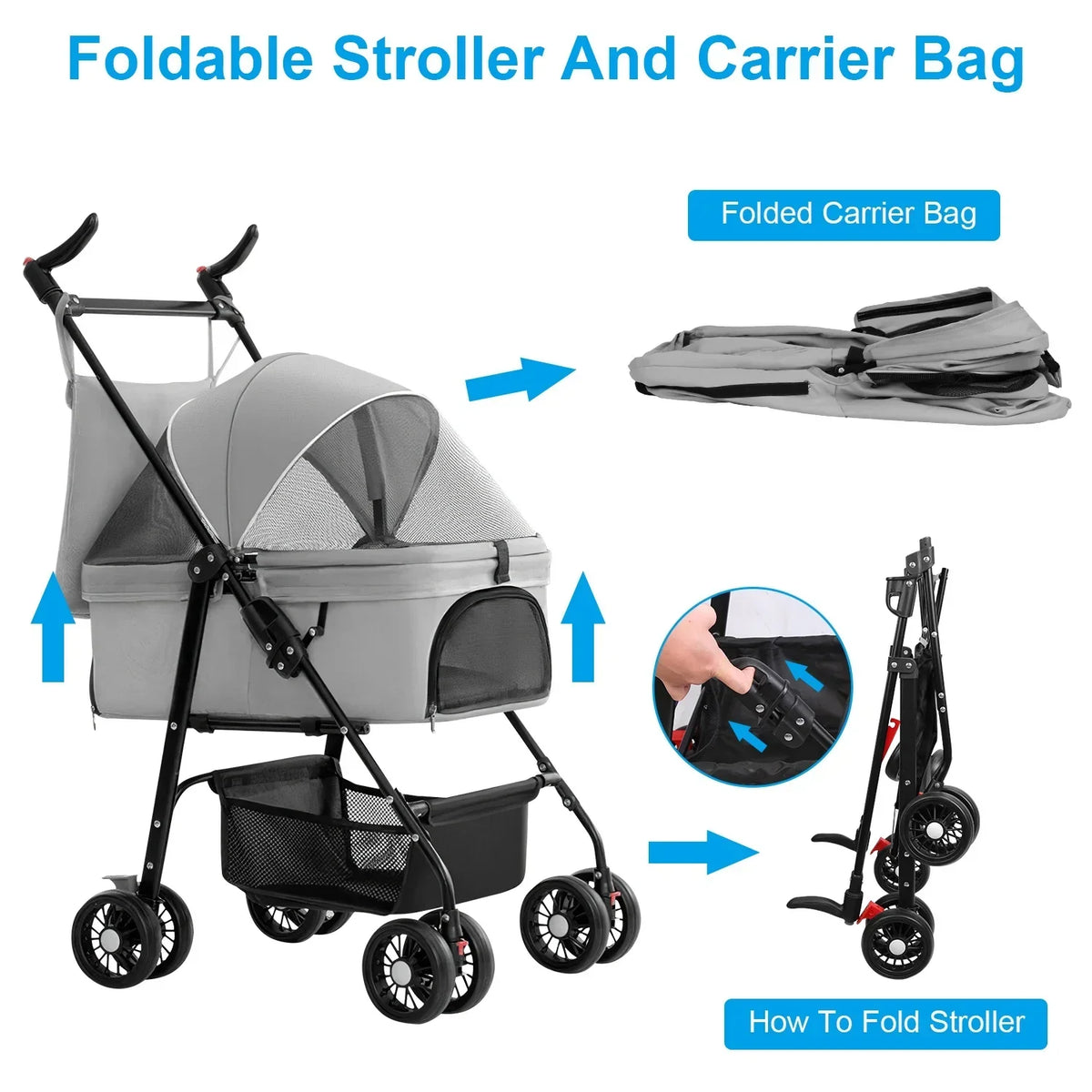 iMounTEK 4-Wheel Foldable Pet Stroller With Removable Liner And Storage Basket - Gray