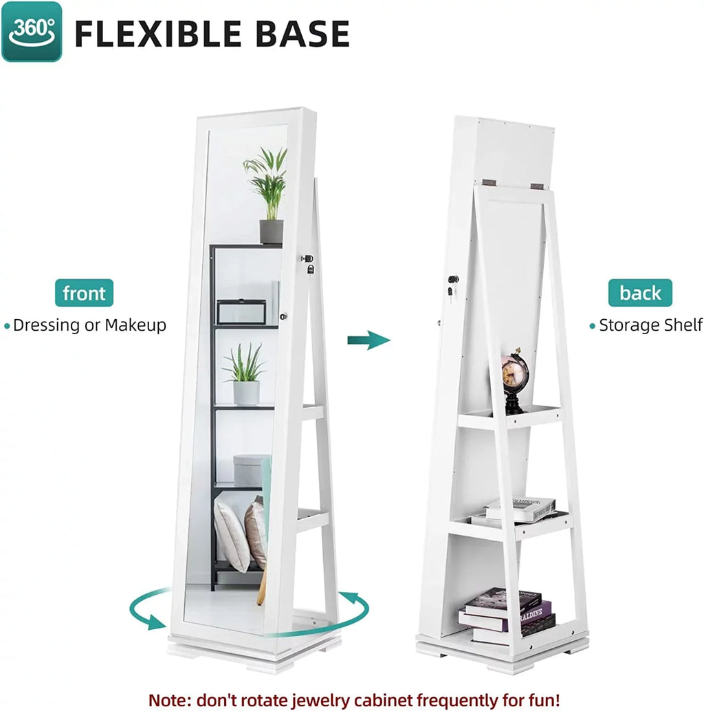 Dextrus 360 Degree Swivel Lockable Jewelry Cabinet With Full-Length Mirror And Rear Storage Shelves - White
