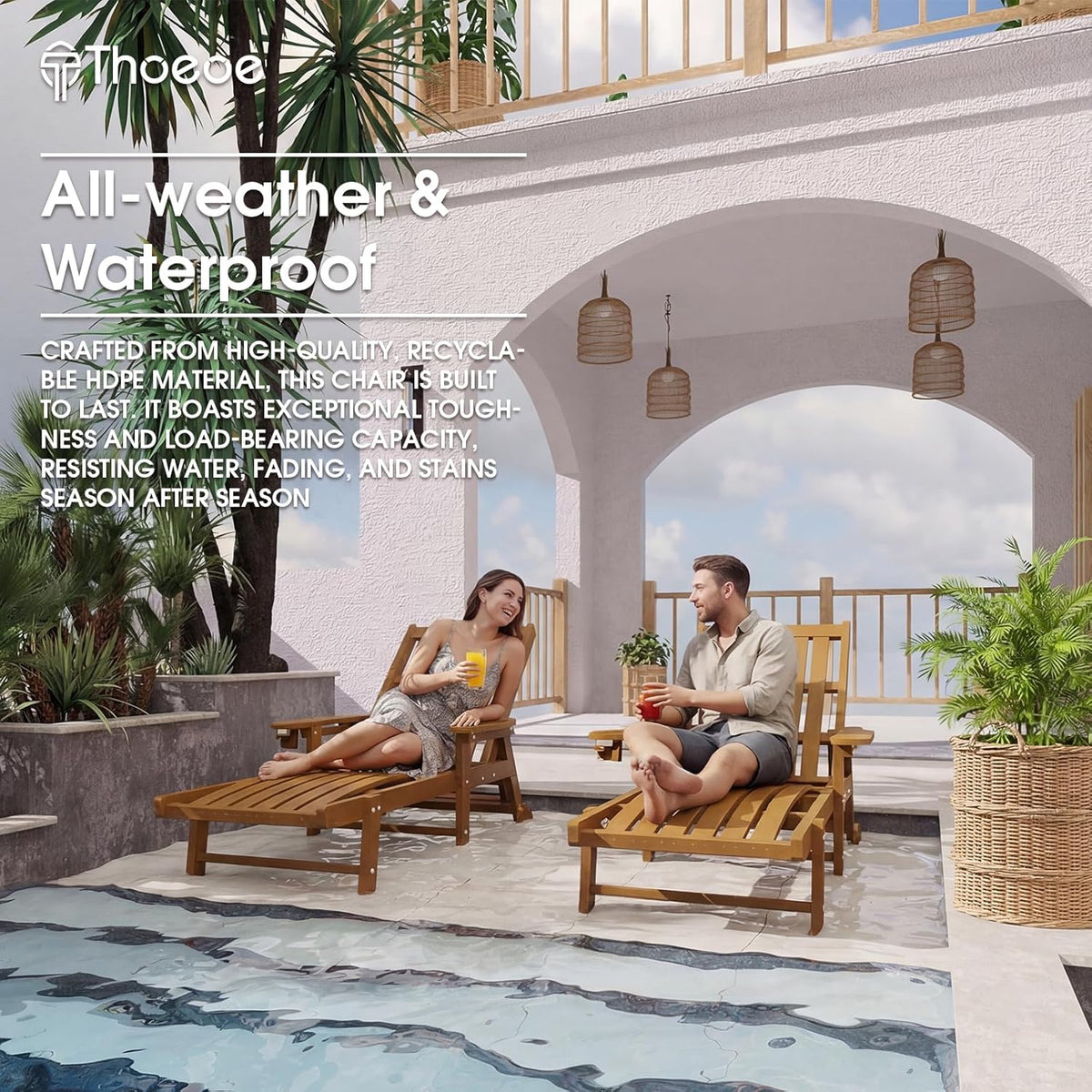 Patio Chaise Lounge Chair With 5 Positions, HDPE, Wheels And Cup Holder