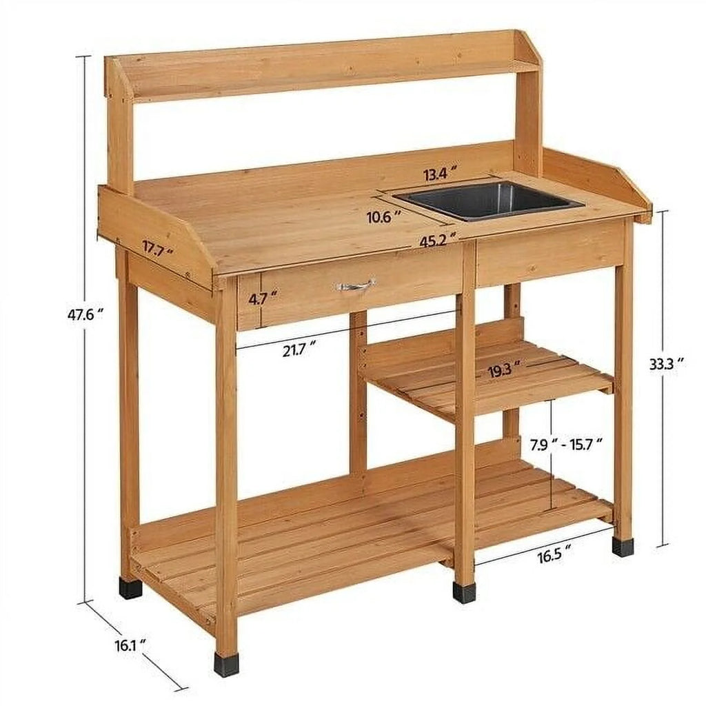 Veado Potting Bench With Sink, Drawer, Rack And Shelves, 45.2 x 17.7 x 47.6 in - Natural Wood