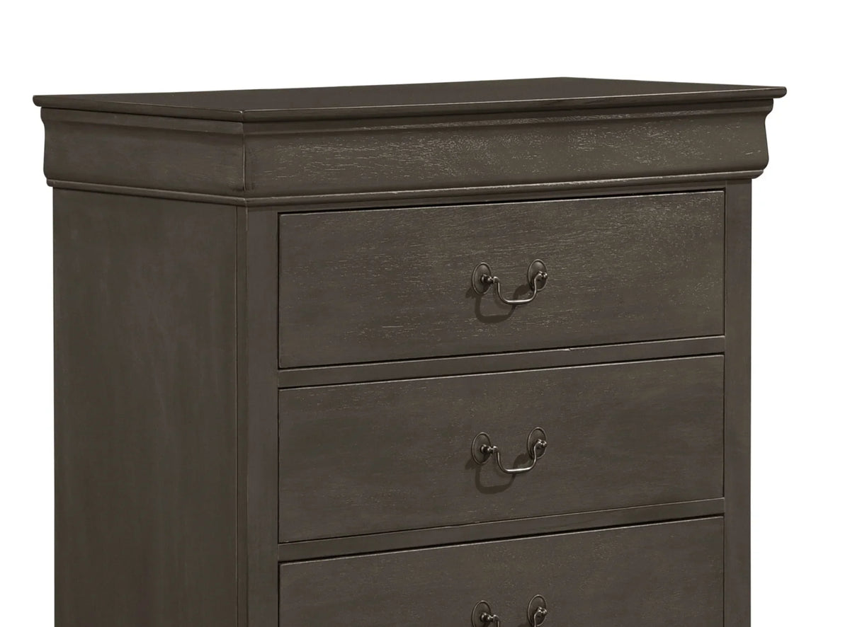 DeeHome Louis Philippe Style 1pc Chest Of 5 Drawers, Stained Gray Finish