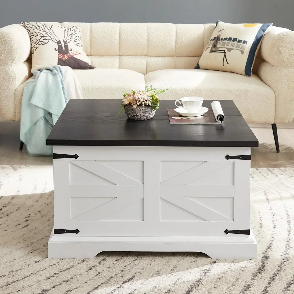 Farmhouse Square Lift-Top Coffee Table With Hidden Storage, White, 31.5 x 31.5 x 18.5 in