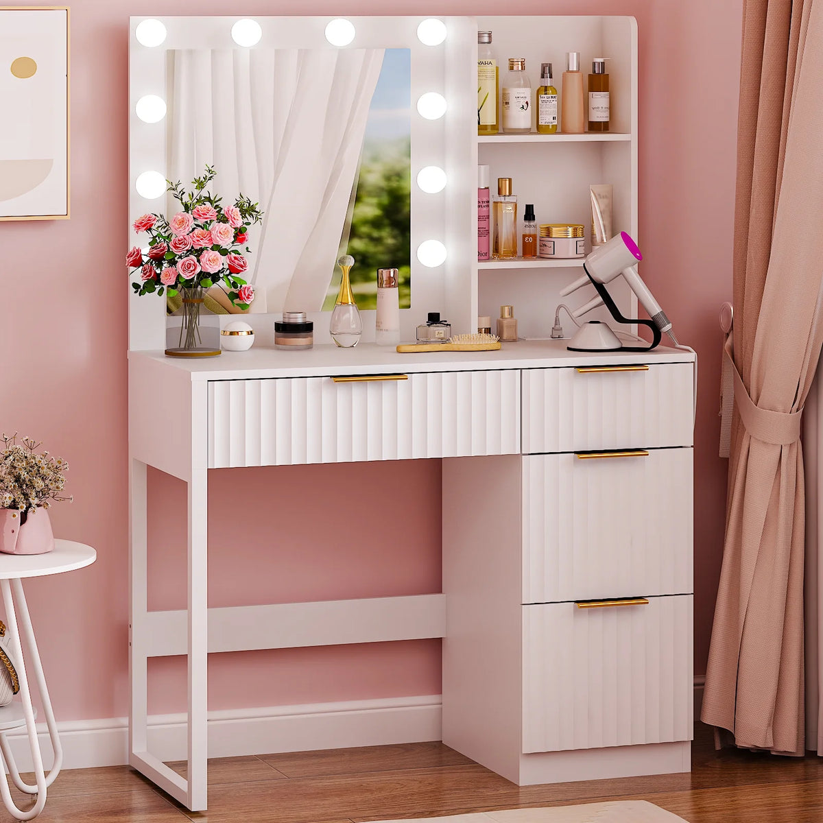 Ktaxon Vanity Makeup Table With Stool, 3-Color Lighted Mirror, 3 Shelves, Drawers, White - 35.43 x 15.55 x 29.53-53.27 in