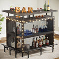FJU L-Shaped Home Bar Unit With Stemware Racks, 2-Tier Shelves And Footrest - Gray