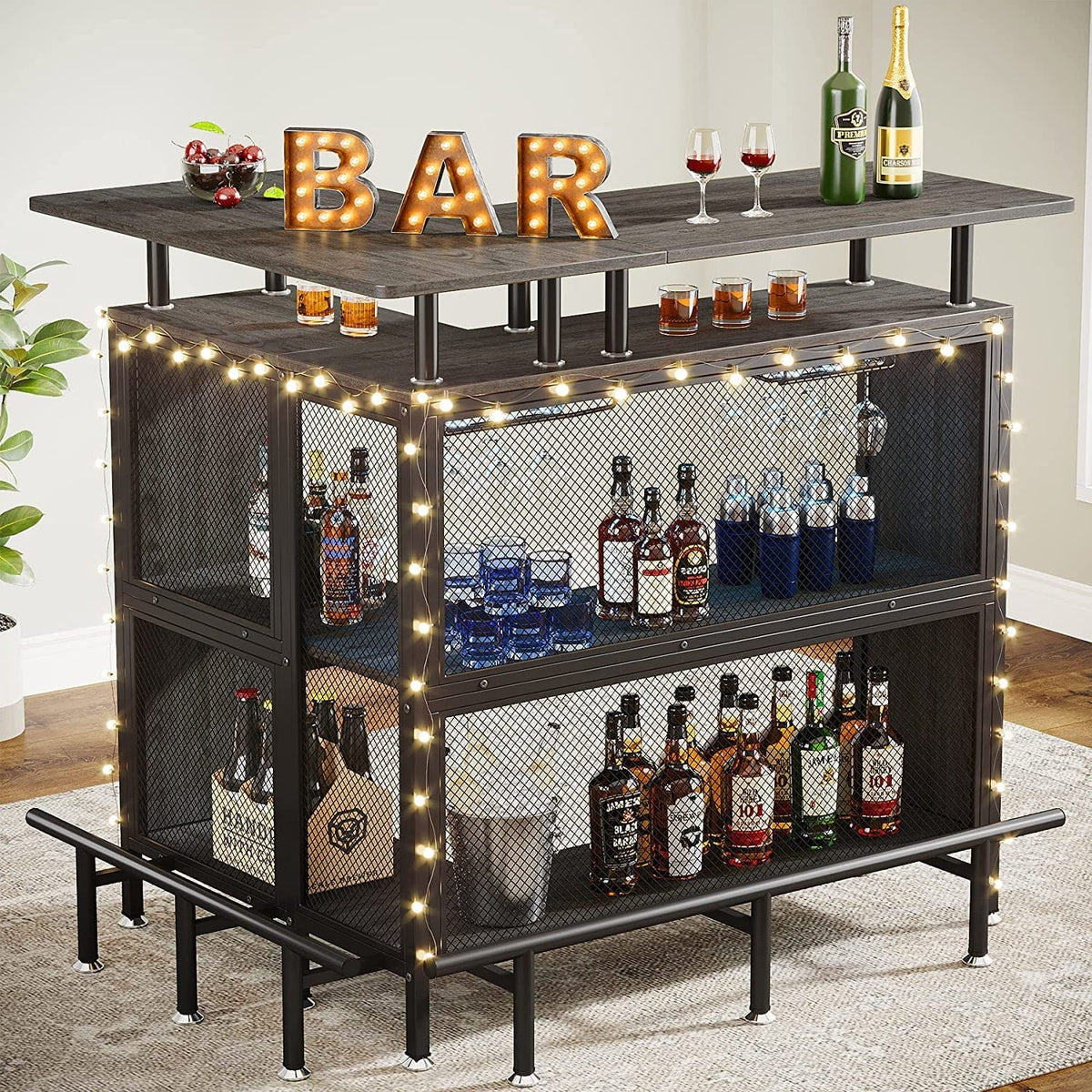 FJU L-Shaped Home Bar Unit With Stemware Racks, 2-Tier Shelves And Footrest - Gray