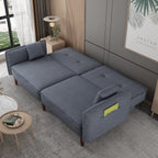 Modern Grey Fabric Futon Sofa Bed With Solid Wood Legs And Accent Pillows