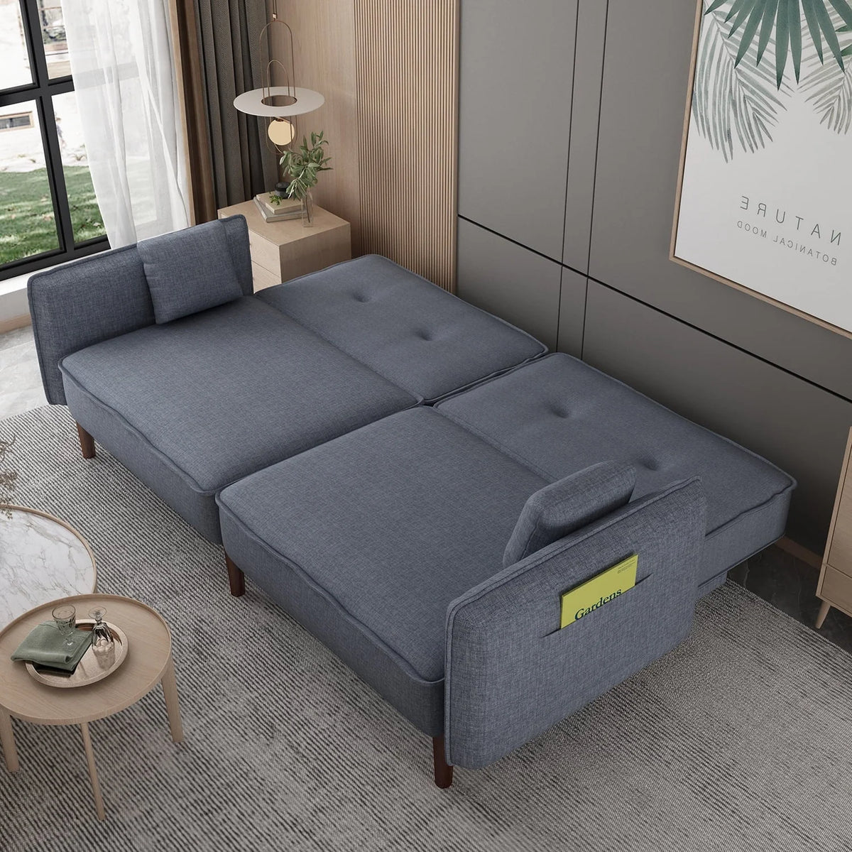 Modern Grey Fabric Futon Sofa Bed With Solid Wood Legs And Accent Pillows