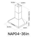 EKON KITCHEN EXPERT 36 Inches Stainless Steel Convertible Wall Mount Range Hood With Charcoal Filter And Remote Control - NAP04-36