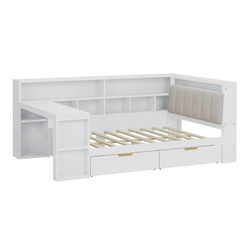 Ivery Furniture L-Shaped Wooden Twin/Full Daybed With Desk, Bookcase, Drawers And RGB Light - Natural/White