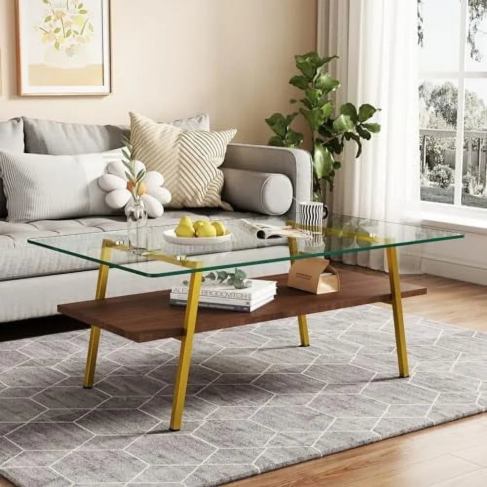 MQLIFEBOOM 2 Tier Rectangle Coffee Table With Tempered Glass Top And Wood Center Table