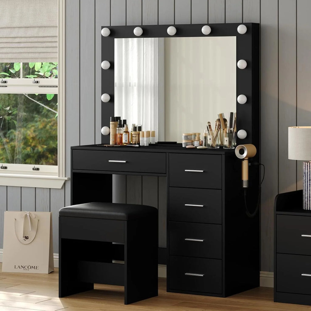 Makeup Vanity Desk With Lighting Mirror, Power Outlet, 37in W, 5 Drawers, Black