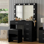 Makeup Vanity Desk With Lighting Mirror, Power Outlet, 37in W, 5 Drawers, Black