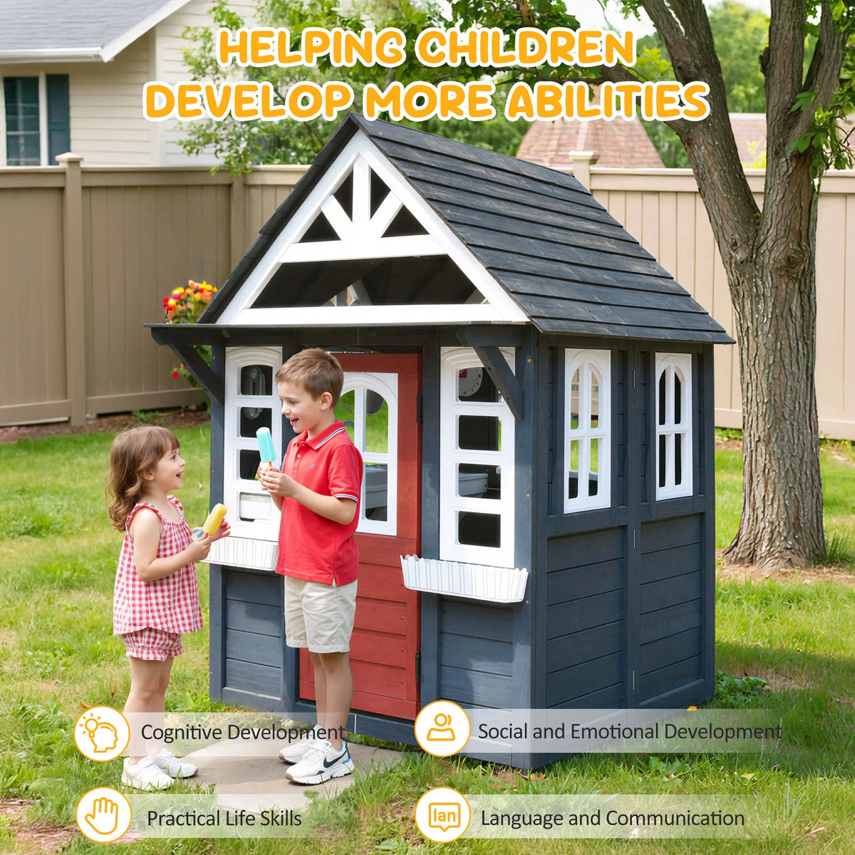 COCLUB Wooden Outdoor Playhouse With Doorbell, Phone And Kitchen Toys, 45in L x 43in W x 65in H