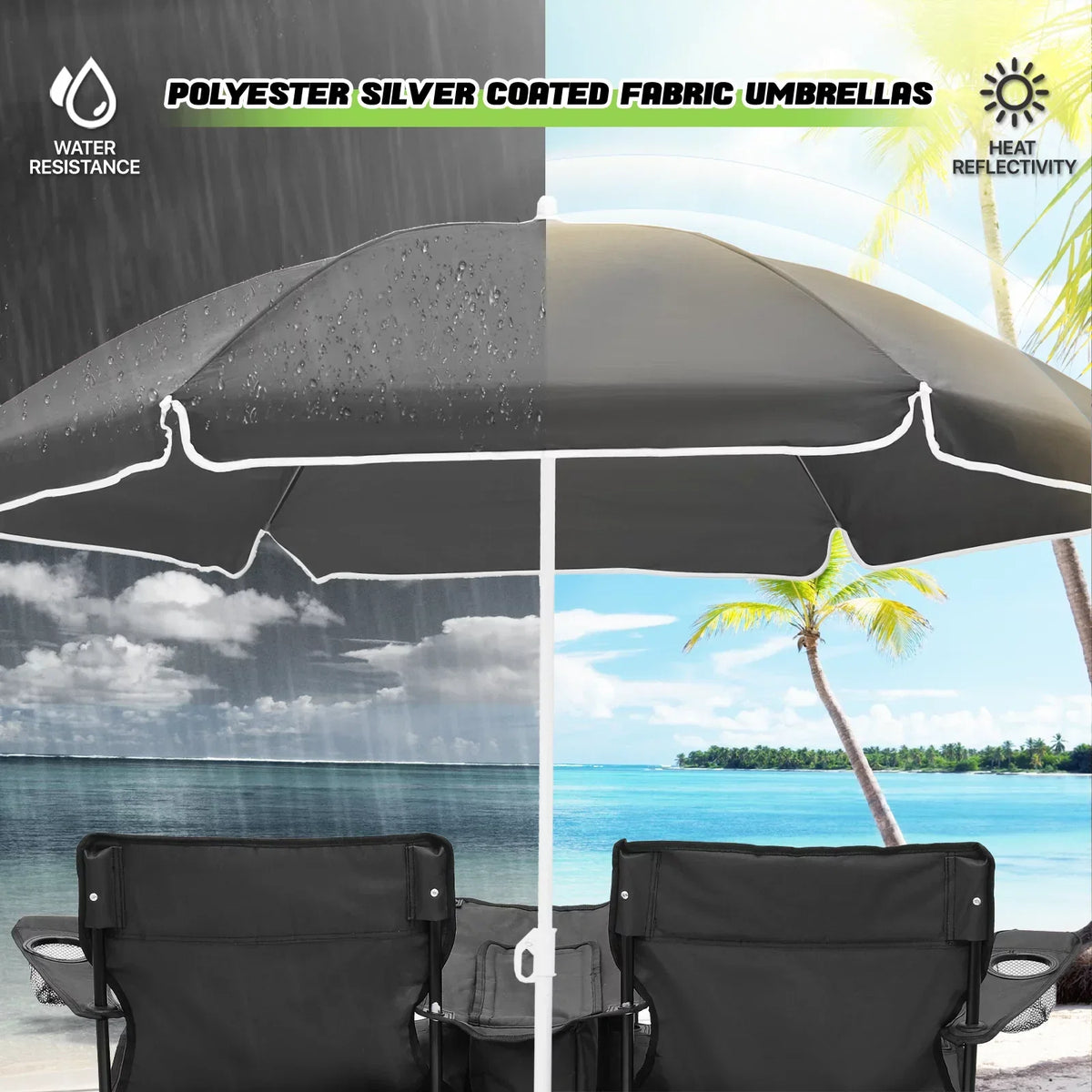 Magshion Portable Double Folding Camping Chair With Removable Umbrella, Cooler Bag And Carry Bag, Black