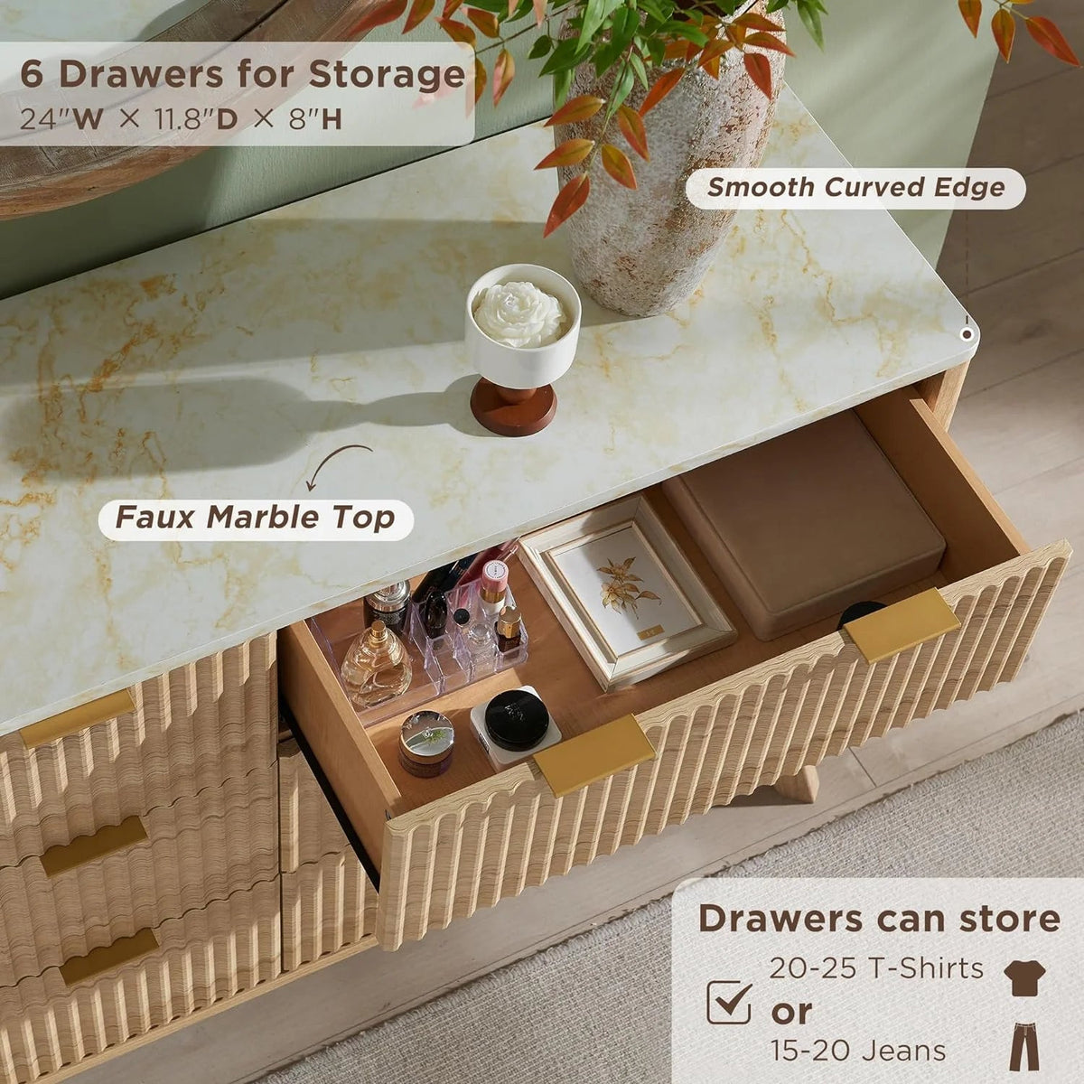 OKD 6-Drawer Dresser With Faux Marble Top, Natural Oak, 16in D x 54in W x 32in H