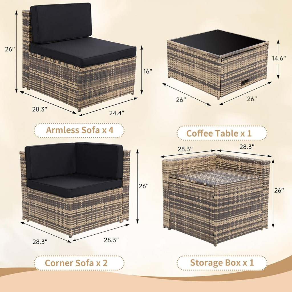 8-Piece Outdoor Wicker Rattan Sectional Patio Furniture Set With Cushions And Glass Top Storage Table - Black