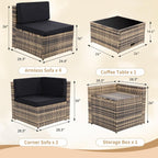 8-Piece Outdoor Wicker Rattan Sectional Patio Furniture Set With Cushions And Glass Top Storage Table - Black