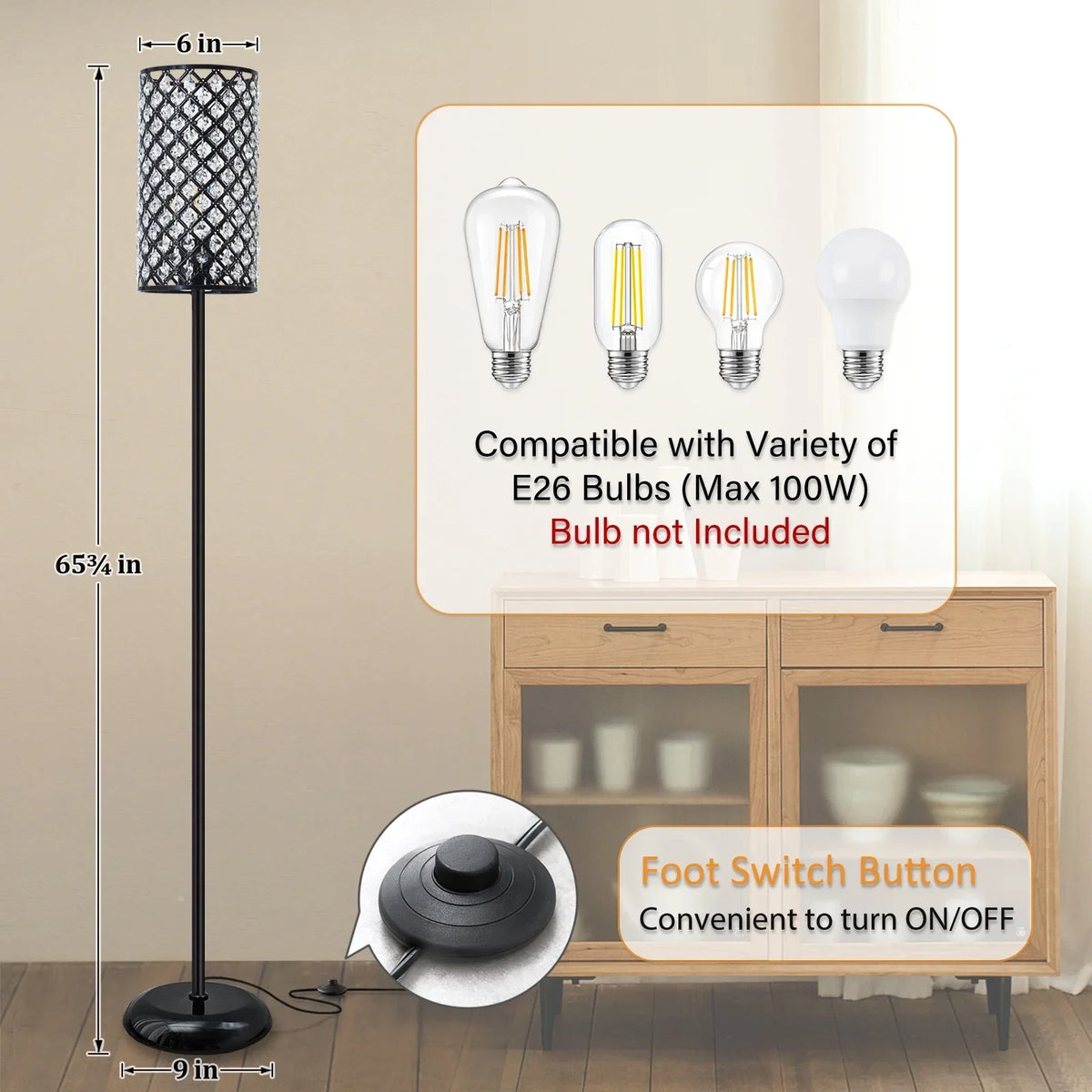 Natyswan Crystal Floor Lamp With Foot Switch, 9 x 9 x 65.7 in, E26