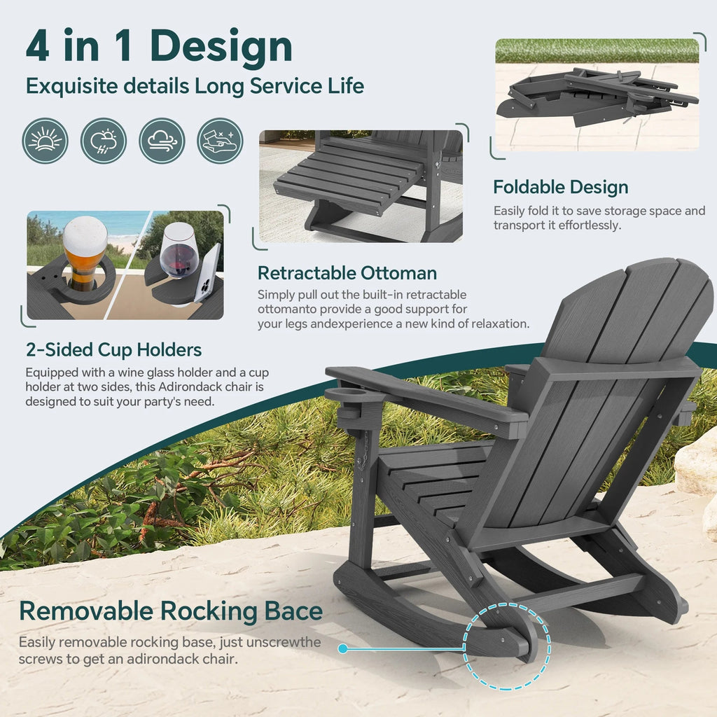 KINGYES Folding Adirondack Rocker Chair Set Of 2 With Footrest And Dual Cup Holders - Black
