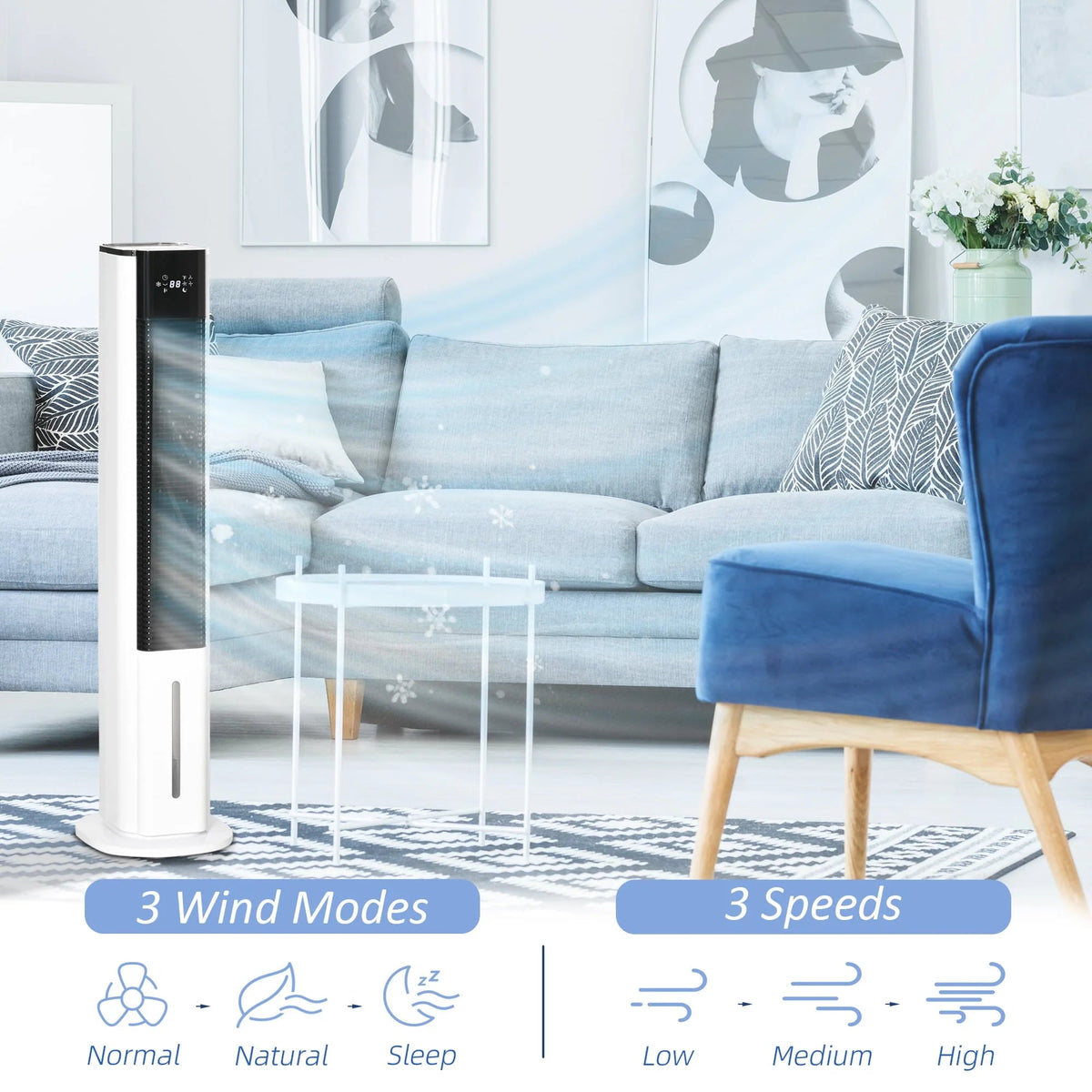 HOMCOM 42 inch Portable Evaporative Air Cooler, 3-In-1 Ice Cooling Fan Humidifier, 1.6 Gal Water Tank - White