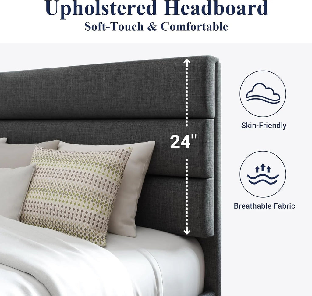 Queen Size Upholstered Platform Bed Frame With Headboard - Dark Gray Fabric