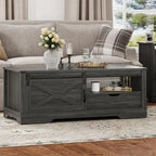 AYFDEGT Farmhouse Coffee Table 48 x 22 inch With Sliding Barn Door And Open Shelves